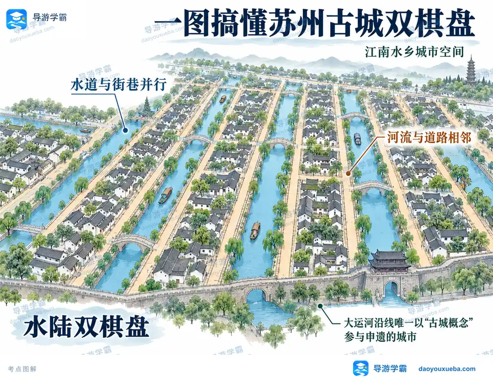 苏州古城水陆双棋盘与运河申遗考点图(导游学霸·科四江苏)