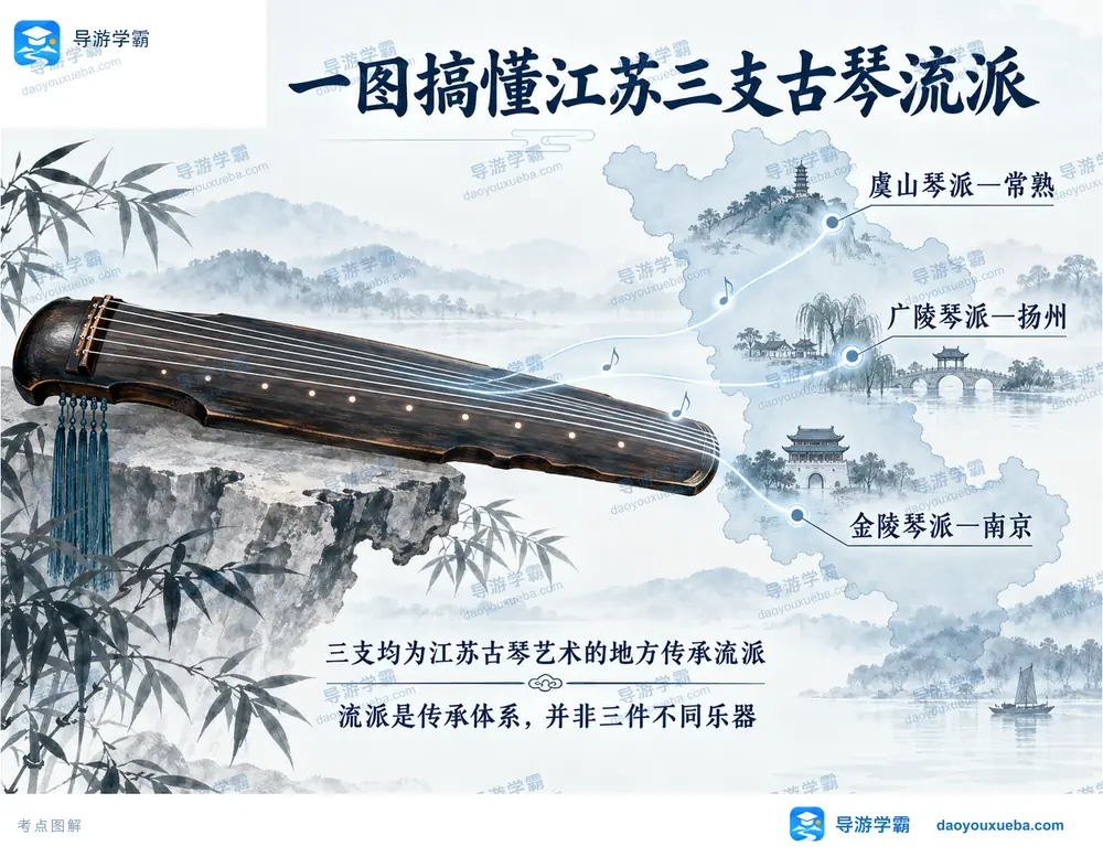 江苏古琴三大流派虞山广陵金陵考点图（导游学霸·科四江苏）