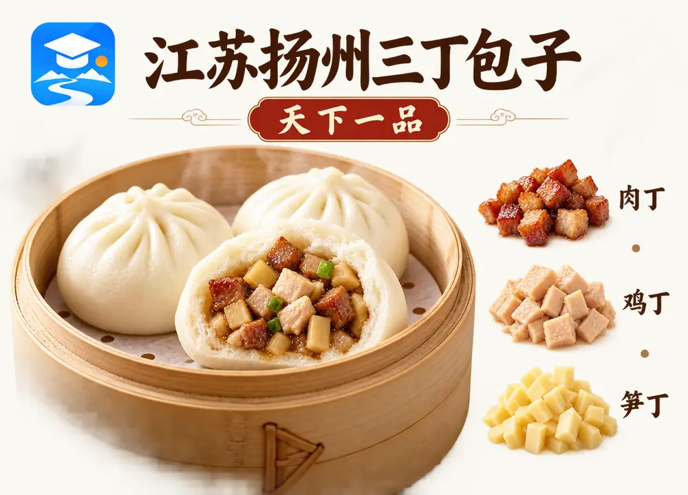 扬州三丁包子天下一品与食材考点图（导游学霸·科四江苏）