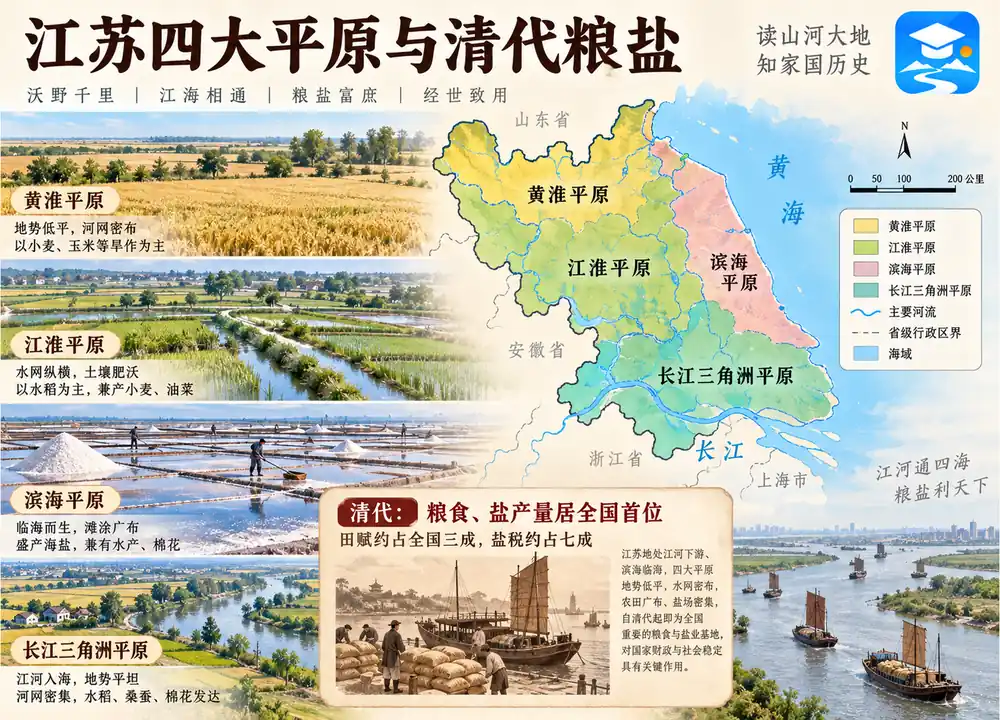 江苏四大平原与清代粮盐财政考点图(导游学霸·科四江苏)