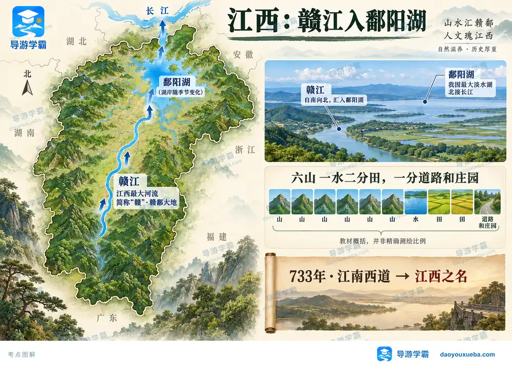 江西赣江鄱阳湖与六山一水地貌考点图（导游学霸·科四江西）