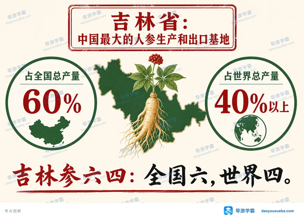 吉林人参产量全国与世界双比例考点图（导游学霸·科四吉林）