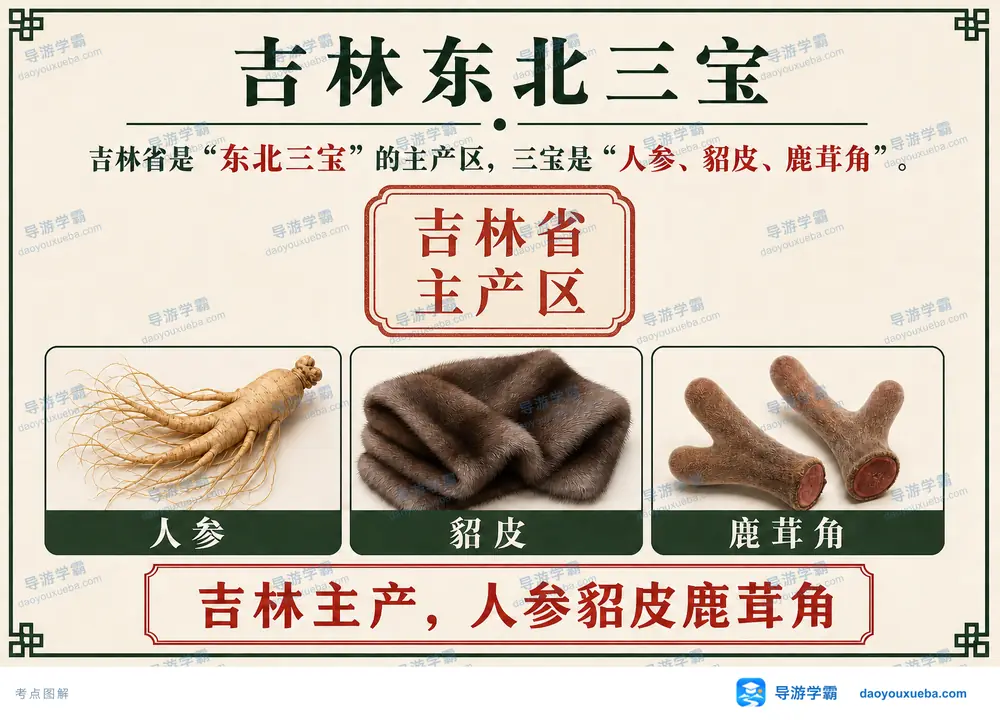 东北三宝吉林主产人参貂皮鹿茸角考点图(导游学霸·科四吉林)