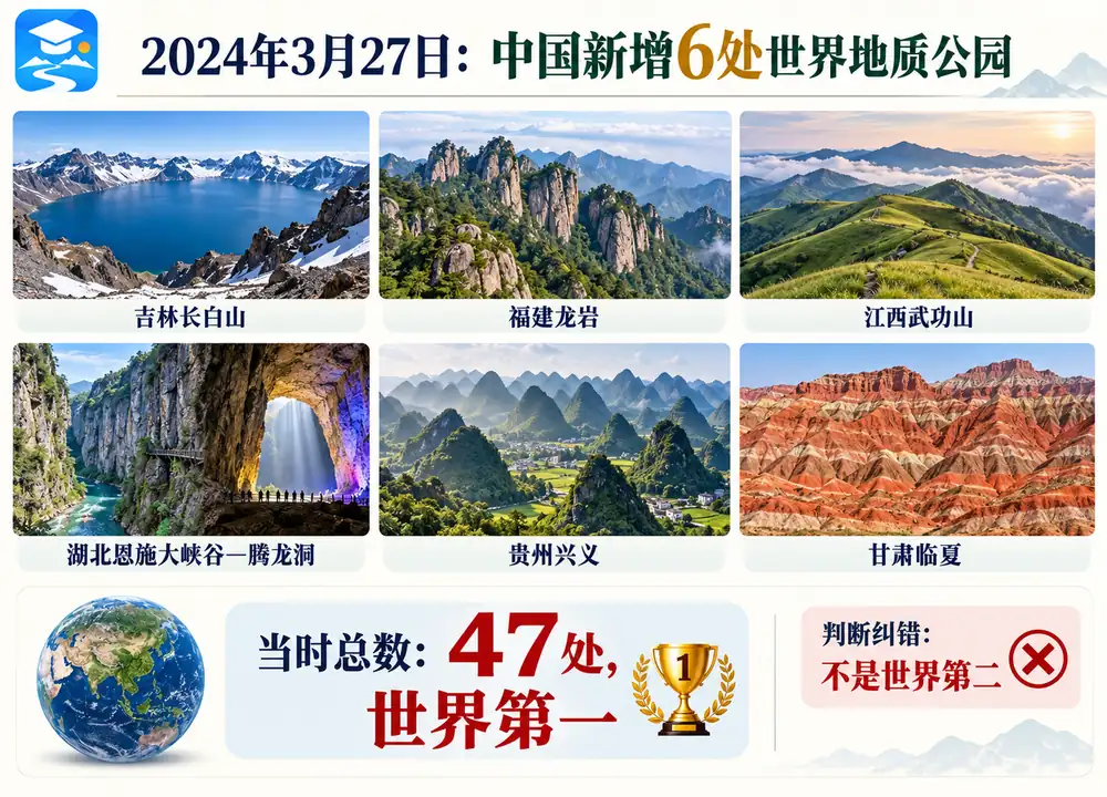 2024新增六处世界地质公园与排位考点图(导游学霸·科四吉林)