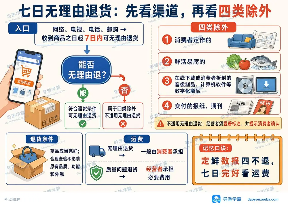七日无理由退货：四类不能退考点图（导游学霸·科一）