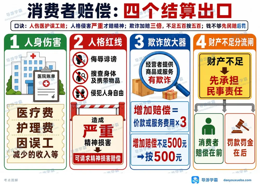 消费者赔偿四个出口考点图(导游学霸·科一)