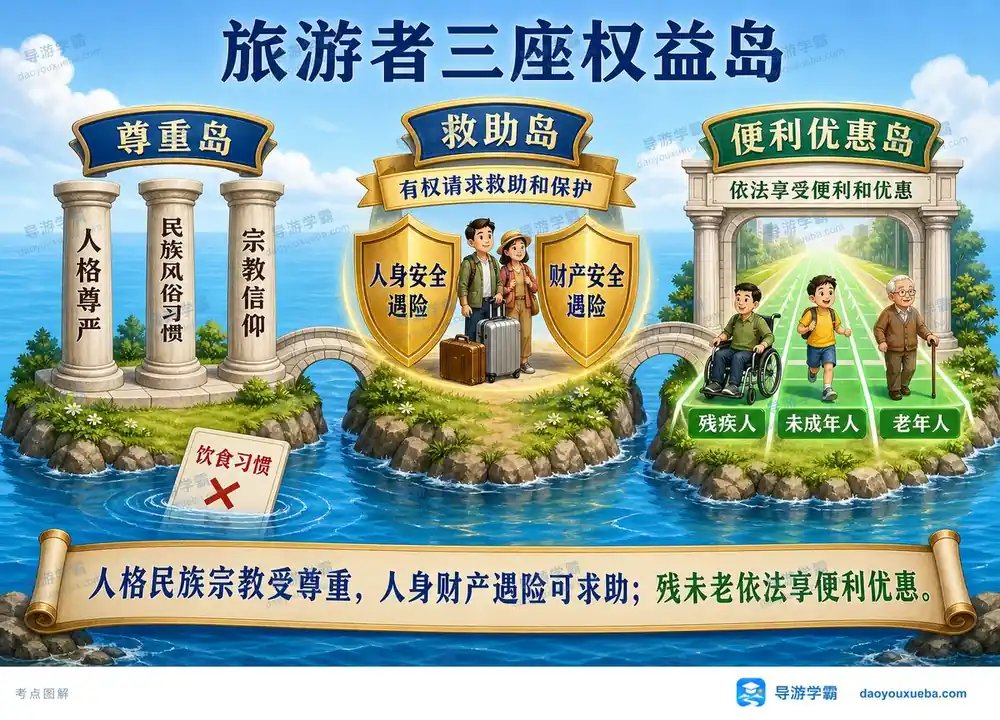 旅游者三座权益岛考点图（导游学霸·科一）