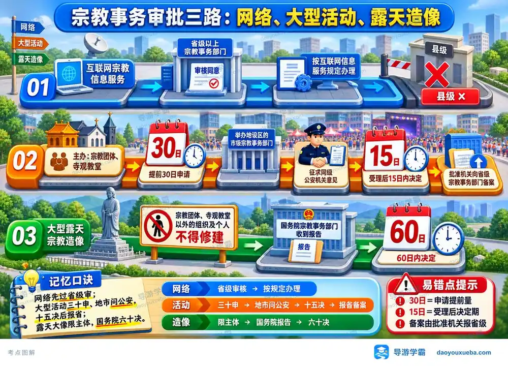 宗教事务审批三路考点图(导游学霸·科一)