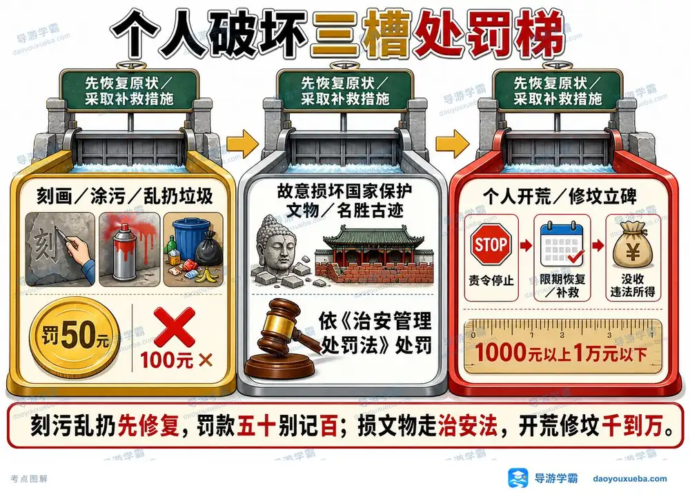 个人破坏景区处罚三槽考点图(导游学霸·科一)