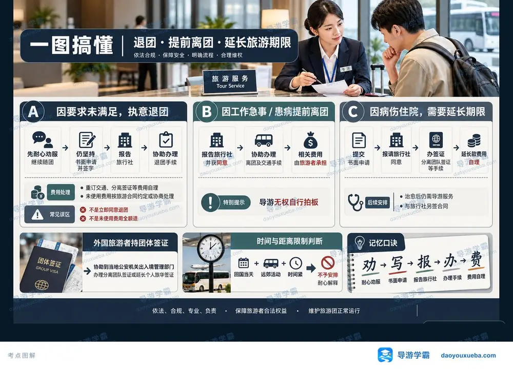 退团离团与延期处理流程考点图(导游学霸·科二)