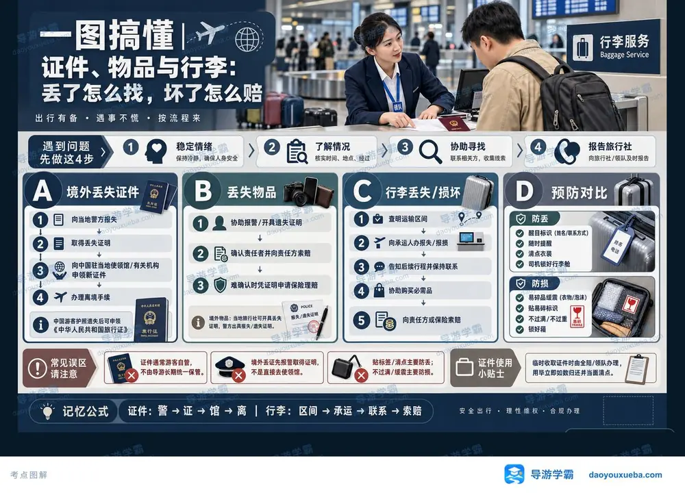 证件物品行李丢失损坏处理考点图（导游学霸·科二）