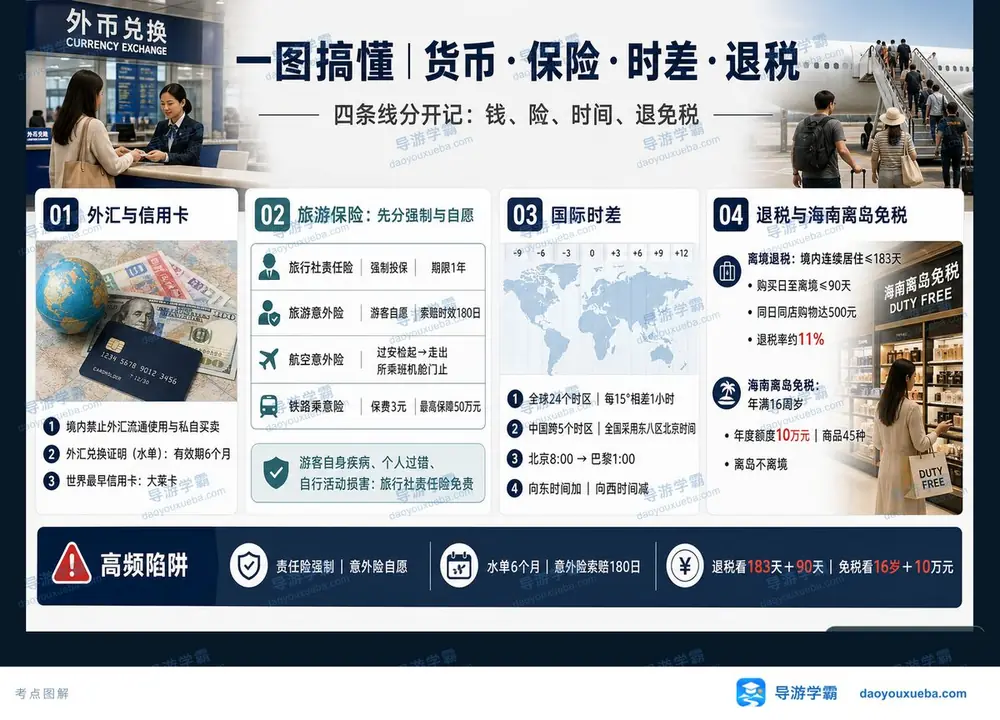 外币时差与离境退税考点图（导游学霸·科二）