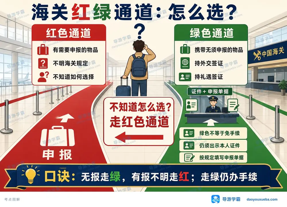海关红绿通道选择与申报规则考点图（导游学霸·科二）