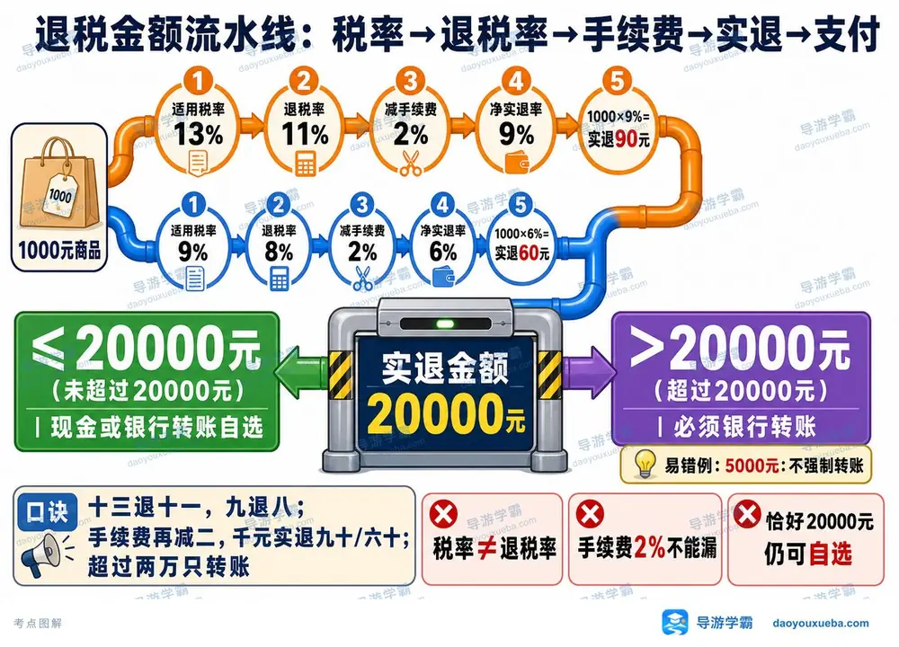 退税金额双轨计算与支付方式考点图（导游学霸·科二）