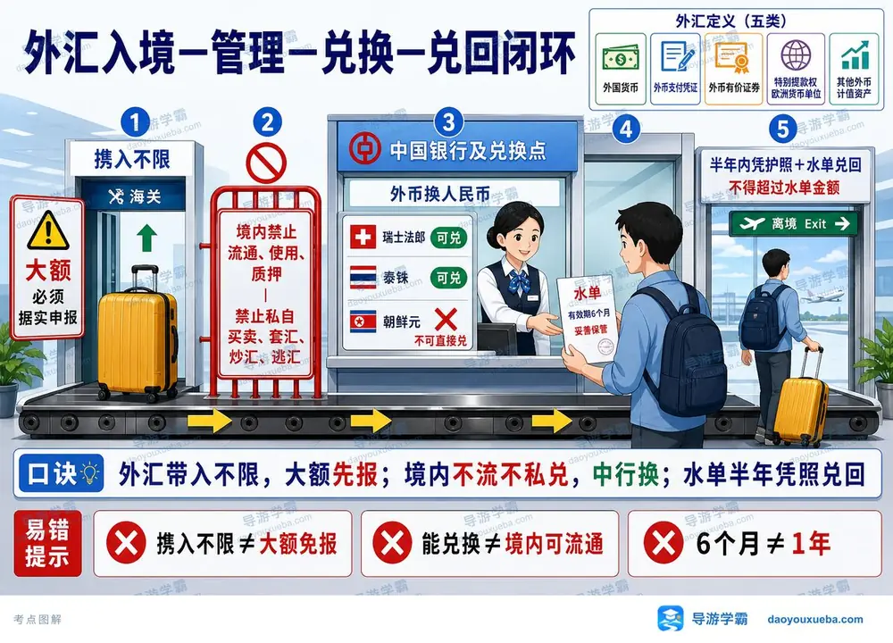外汇入境管理兑换与兑回闭环考点图(导游学霸·科二)