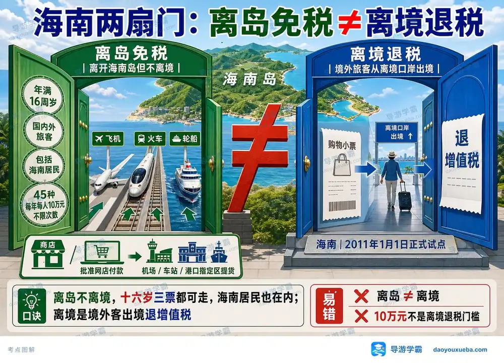 海南离岛免税与离境退税区别考点图（导游学霸·科二）