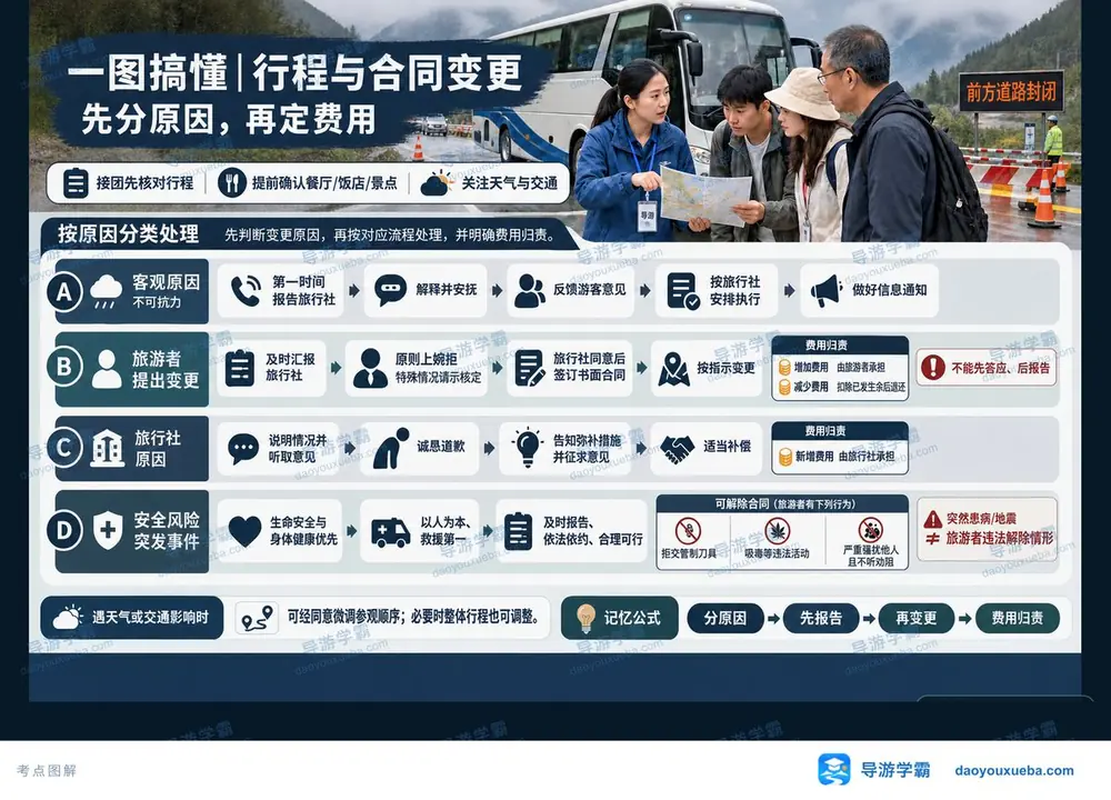 行程与合同变更原因费用考点图(导游学霸·科二)