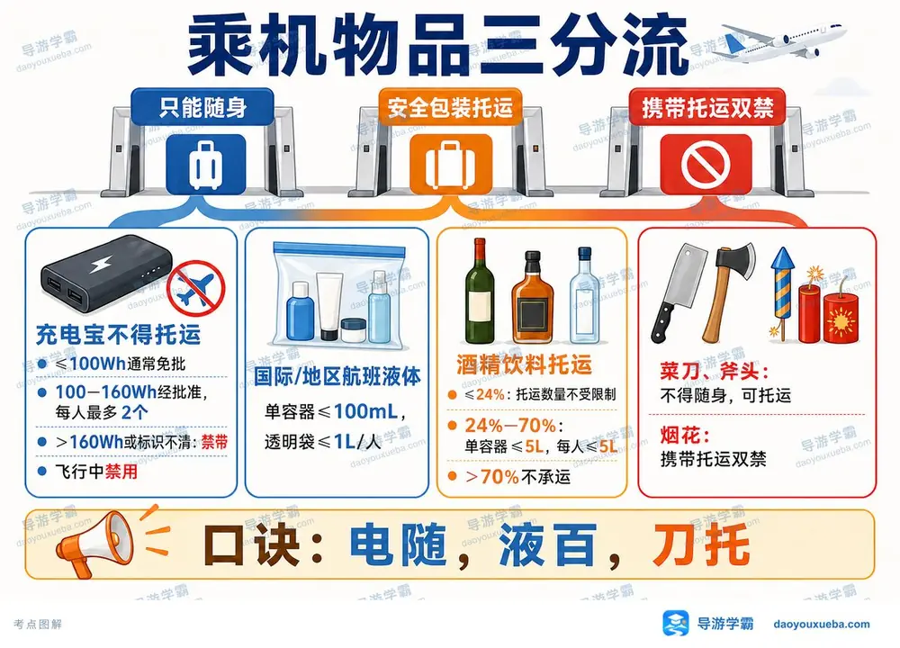 乘机物品三分流随身托运禁止考点图(导游学霸·科二)