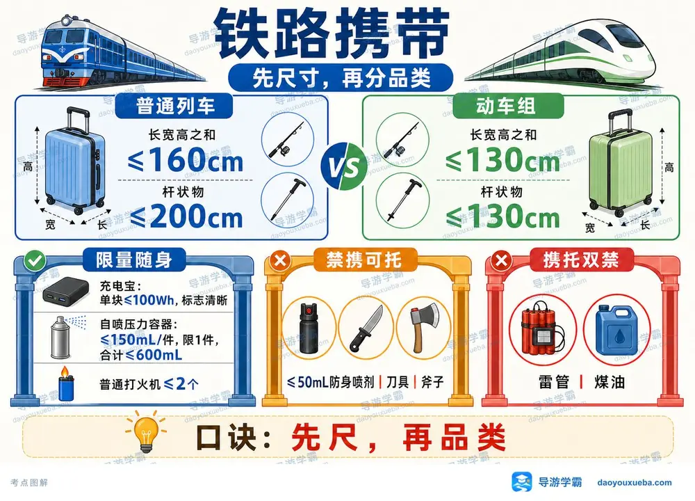 铁路携带品尺寸与限量考点图(导游学霸·科二)