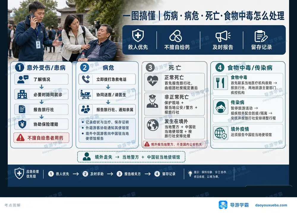 伤病病危死亡与食物中毒应急决策树考点图(导游学霸·科二)