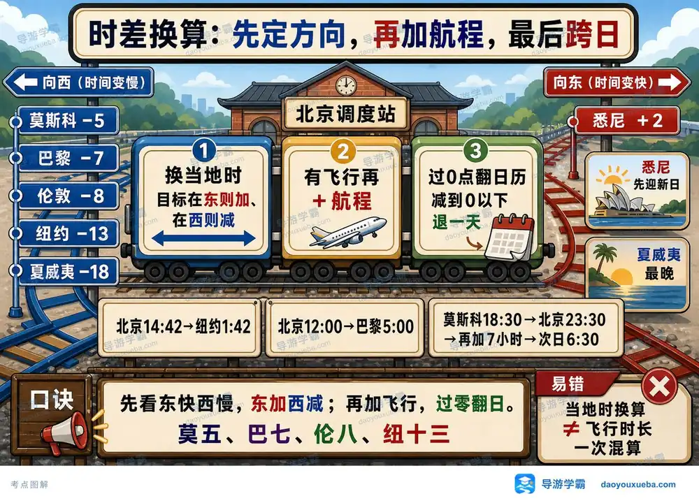 国际时差换算三步法与城市考点图（导游学霸·科二）