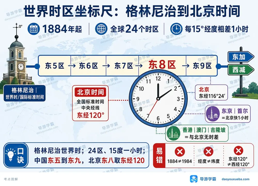 世界时区划分与北京时间考点图(导游学霸·科二)