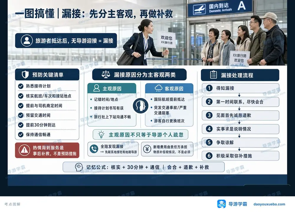 漏接事故原因与补救流程考点图(导游学霸·科二)