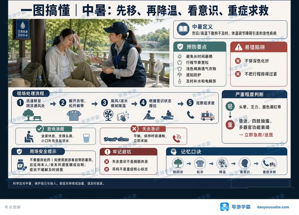 中暑现场急救五步流程考点图（导游学霸·科二）