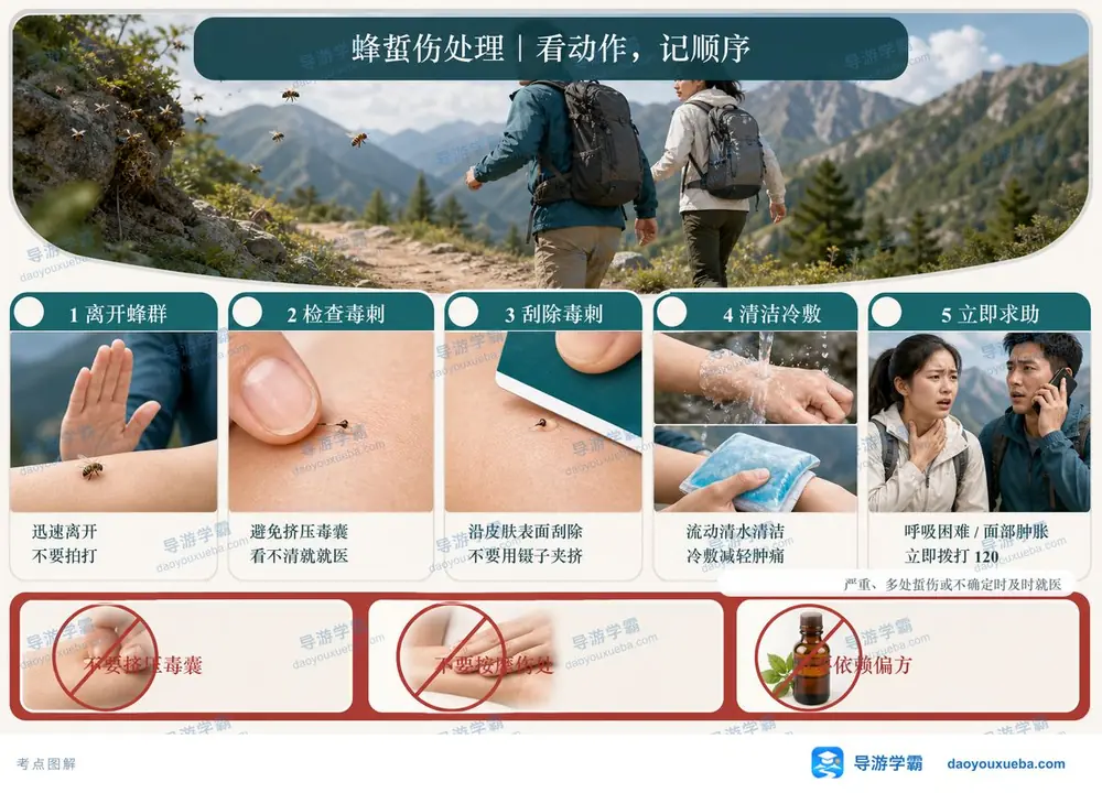 蜂虫蜇伤五步急救法考点图(导游学霸·科二)