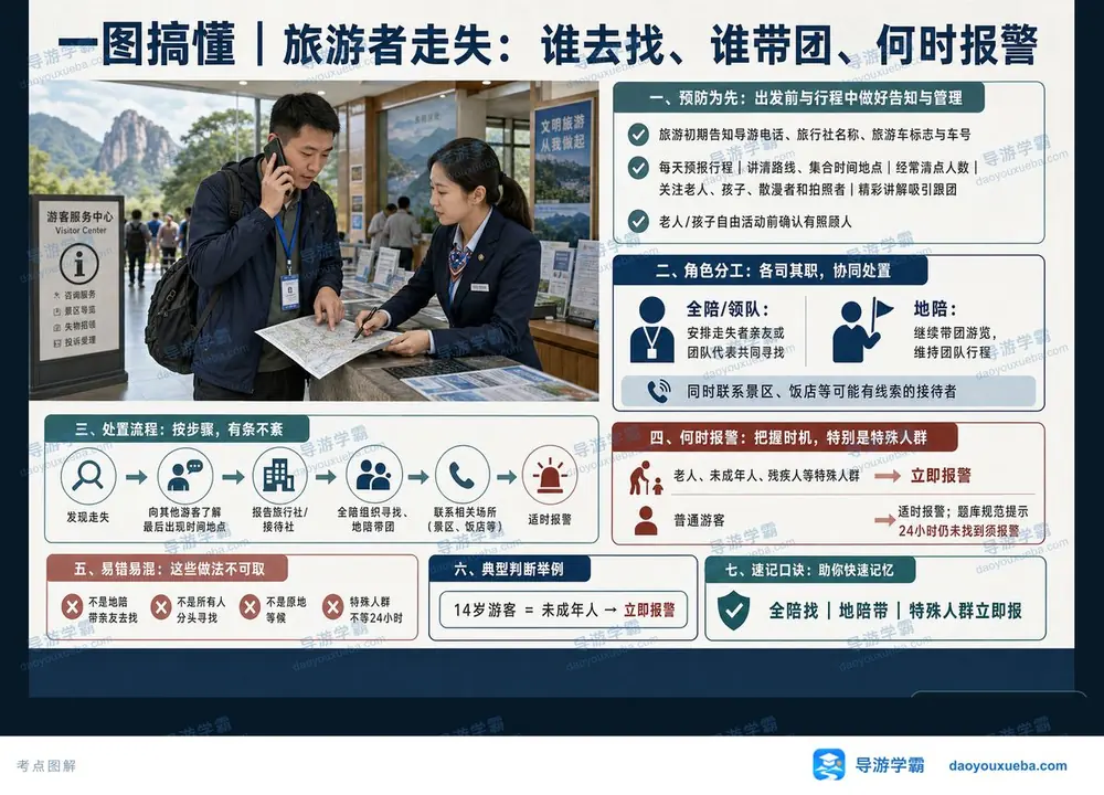 旅游者走失处置分工与报警时机考点图（导游学霸·科二）