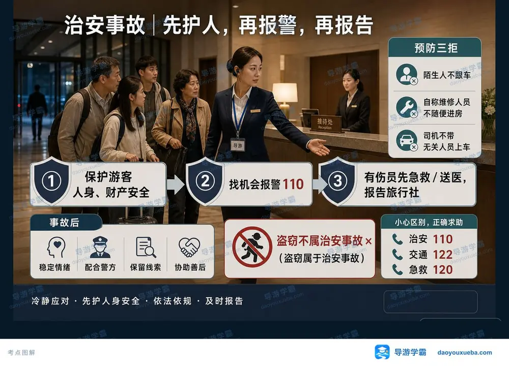 治安事故处置先护人再报警再报告考点图（导游学霸·科二）