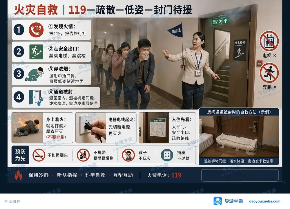 火灾自救四步与逃生要点考点图（导游学霸·科二）