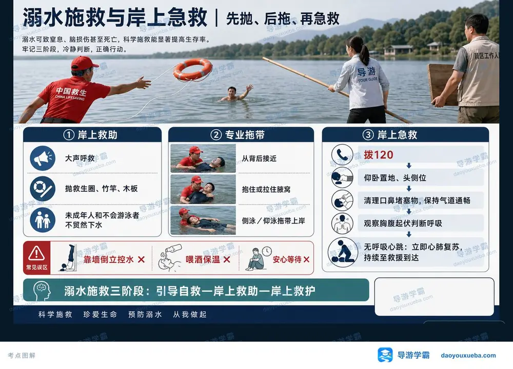 溺水施救三阶段先抛后拖再急救考点图（导游学霸·科二）