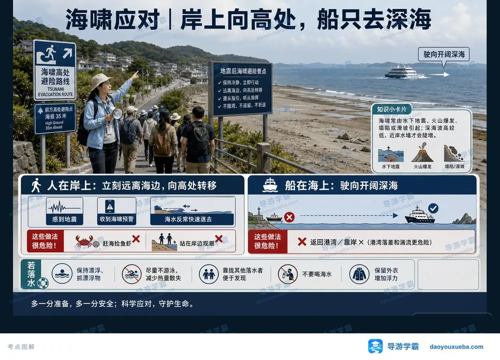 海啸应对岸上高处船去深海考点图（导游学霸·科二）