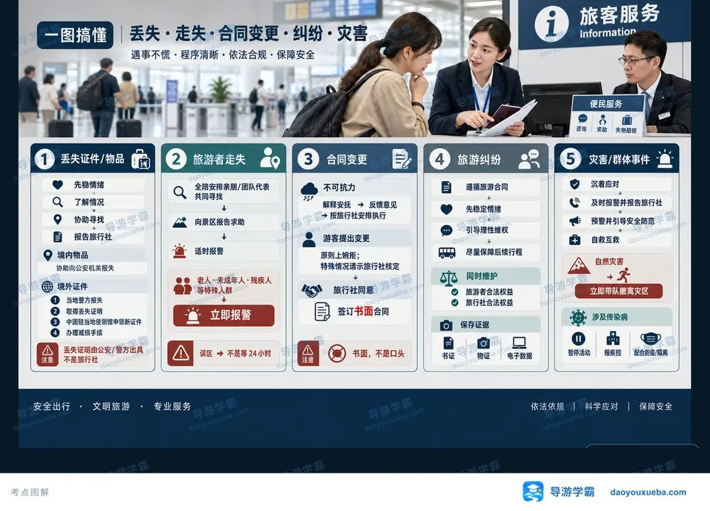 丢失走失变更纠纷与灾害五类处置考点图（导游学霸·科二）