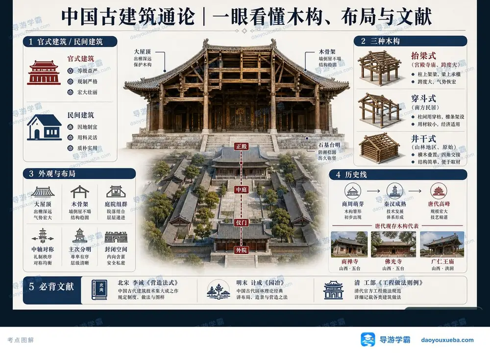 中国古建筑三种木构布局与经典文献考点图（导游学霸·科三）