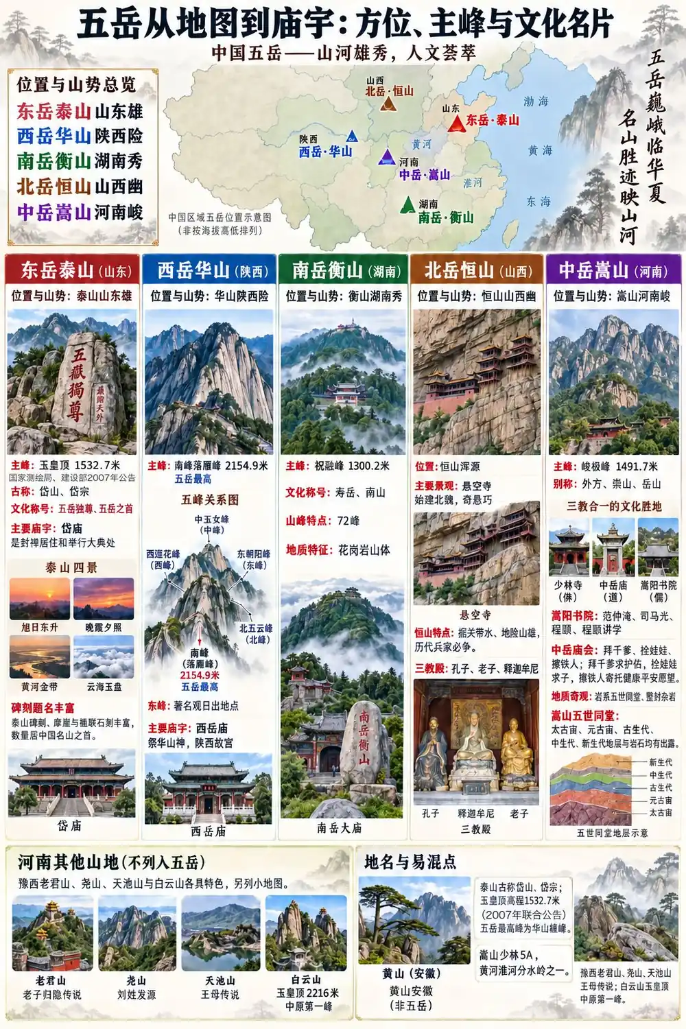 五岳方位主峰与庙宇考点图(导游学霸·科三)
