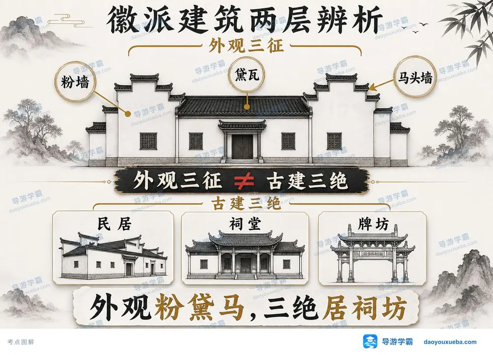 徽派建筑外观三征与古建三绝考点图(导游学霸·科三)