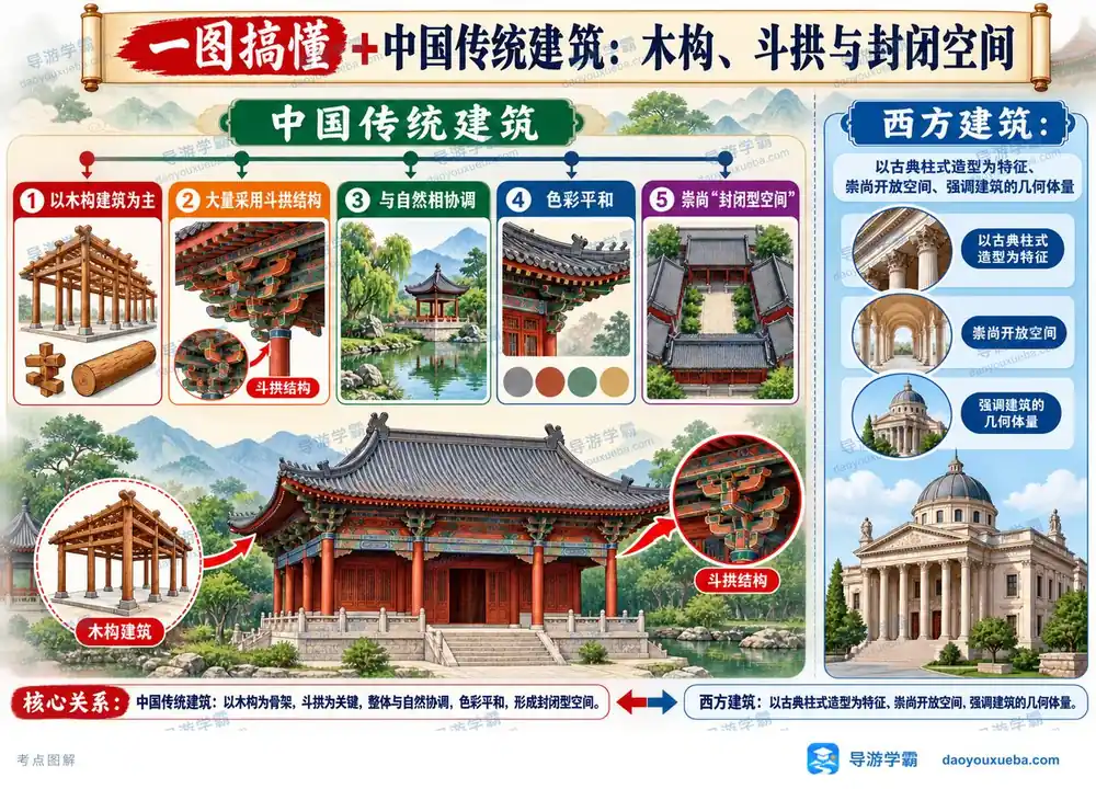 中国传统建筑五大特征考点图（导游学霸·科三）