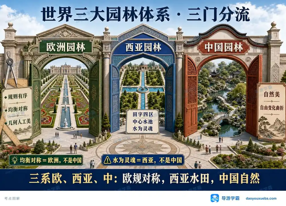 世界三大园林体系特征考点图（导游学霸·科三）