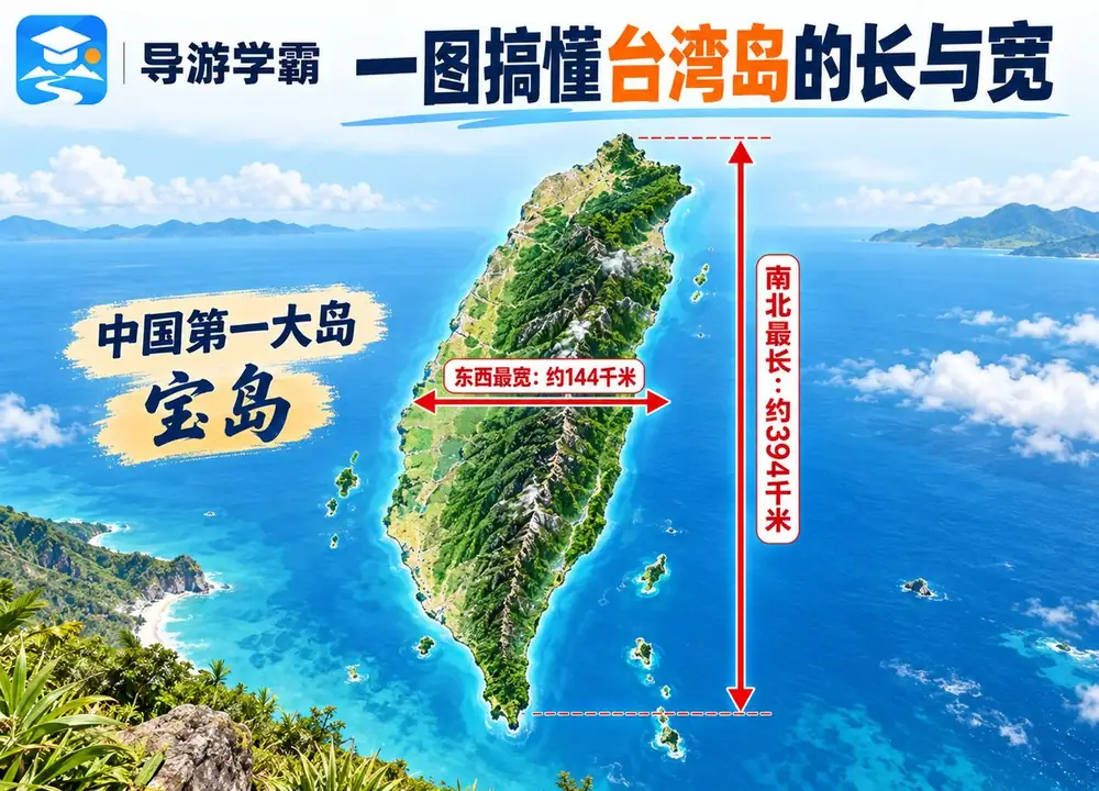 台湾岛南北长度与东西宽度考点图（导游学霸·科三）