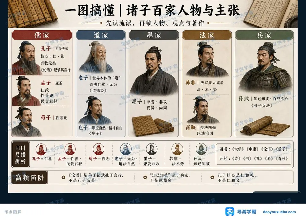 诸子百家学派人物核心主张与著作考点图（导游学霸·科三）