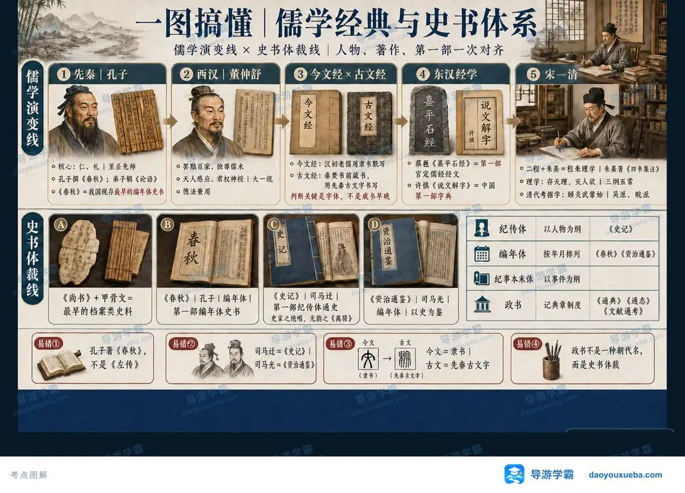 儒学经典演变与四大史书体裁考点图(导游学霸·科三)