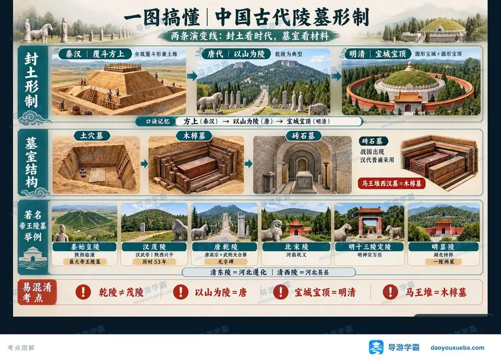 古代帝王陵墓封土形制与墓室演进考点图(导游学霸·科三)