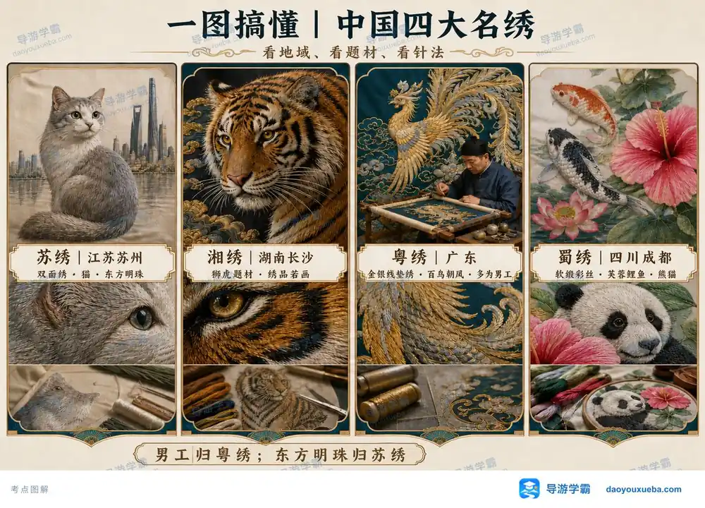 中国四大名绣地域技法与代表作考点图（导游学霸·科三）