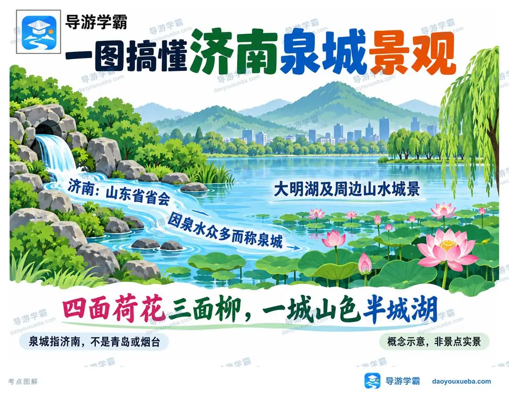 济南泉城美誉与大明湖山水名胜考点图（导游学霸·科三）