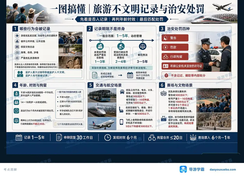 旅游不文明记录期限与治安处罚考点图（导游学霸·科三）