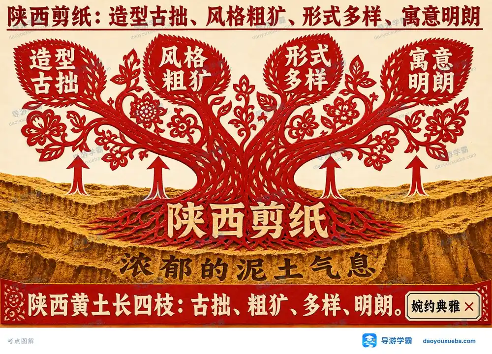 陕西剪纸古拙粗犷多样明朗考点图（导游学霸·科三）
