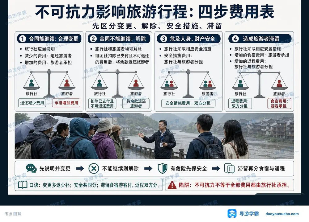 不可抗力影响旅游行程费用分担考点图(导游学霸·科三)