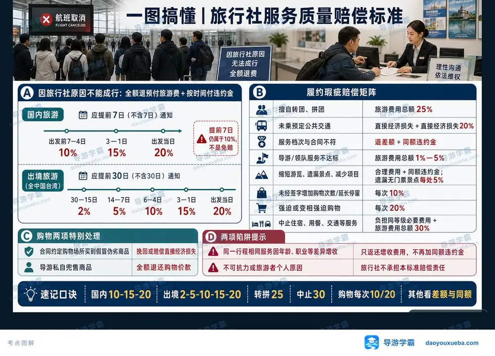 旅行社服务质量赔偿标准与违约金考点图(导游学霸·科三)